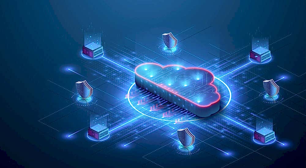 An abstract representation of a cloud-based platform: A neon blue cloud symbol with circuit-like patterns at the center, surrounded by five shields with checkmarks. The background features a dark blue digital grid pattern.