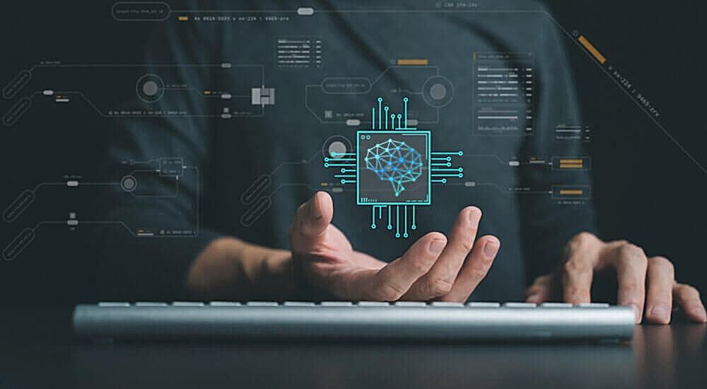 A person’s hands are visible above a keyboard with a graphical overlay of a digital circuit board and a central processing unit icon, symbolizing advanced technology integration. The image conveys the concept of seamless integration and flexible deployment in information technology systems, highlighting the adaptability of Rust IFRS 9 software to various IT infrastructures.