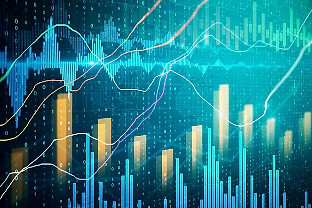 Dynamic financial data analysis with overlapping digital graphs, bar charts, and line trends in shades of blue and orange against a dark background. Symbolizes Prima Consulting’s IFRS Advisory & Accounting Services ensuring compliance with international financial reporting standards.