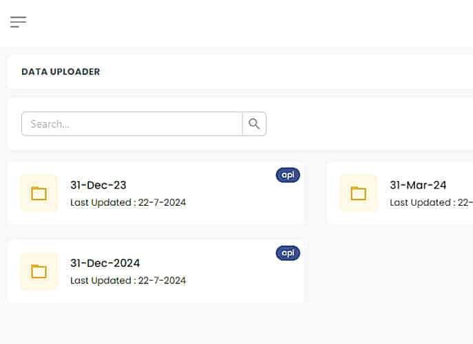 A screenshot of the Rust IFRS 9 Software interface featuring a ‘Data Uploader’ section. The interface includes a search bar and three data entry points with dates: “31-Dec-23,” “31-Mar-24,” and “31-Dec-24,” each marked with an ‘api’ tag and a timestamp stating “Last Updated: 22-7-2024.” The design is clean, with a focus on functionality and ease of tracking financial data updates.