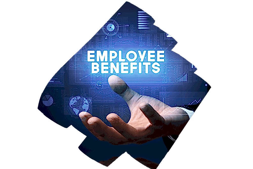 A person’s hand extended towards the viewer with the words “EMPLOYEE BENEFITS” in bold, white font floating above. The background is a dark blue with various translucent financial and analytical icons such as graphs, pie charts, and a globe, symbolizing comprehensive planning and analysis in the context of employee retirement benefits.