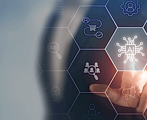 The image features a hand interacting with a futuristic interface composed of hexagonal icons representing various aspects of artificial intelligence and machine learning in the context of financial services. The icons include symbols for settings, analytics, a shopping cart, human figures, and what appears to be a central AI brain. The overall aesthetic suggests advanced technology being used to enhance financial decision-making processes.