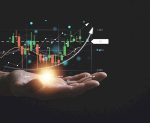 An open hand is presented with a digital overlay of a financial chart, featuring upward and downward trends, candlestick patterns, and numerical data points. The image symbolizes the application of advanced statistical modeling and data analysis in financial risk assessment and derivative pricing.